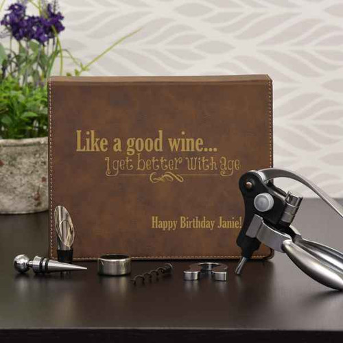 5 piece wine set aging like a fine wine shown in rustic brown and personalized with a name