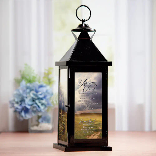 Amazing Grace Personalized memorial lantern features name and dates of loved one
