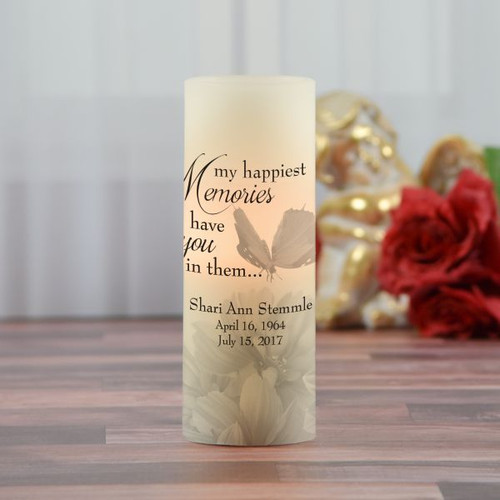 Happiest memories personalized memorial candle with loved one's name and dates