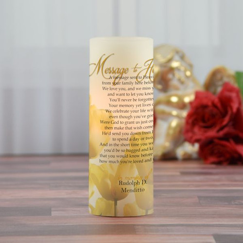 Personalized  memorial candle has poem and your loved one's name and dates.