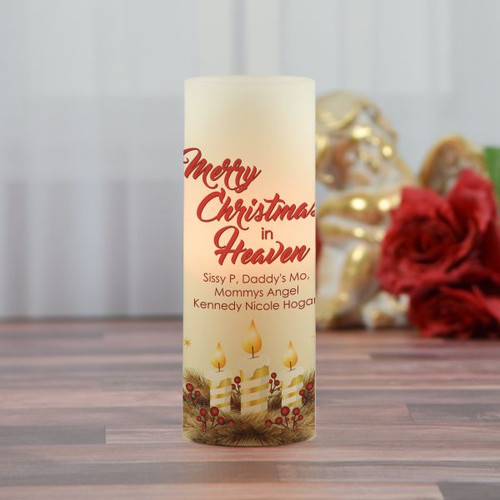 Merry Christmas in heaven personalized memorial candle with loved one's name and dates