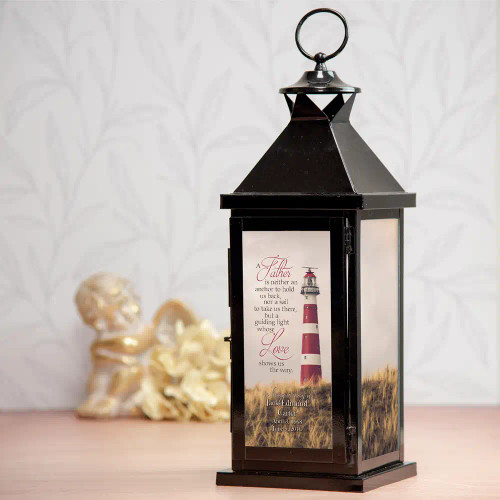 My Father, My Guide memorial lantern is personalized with dad's name and dates