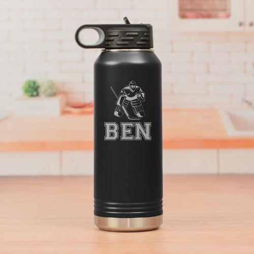 Personalized Hockey Water Bottle shown in Black