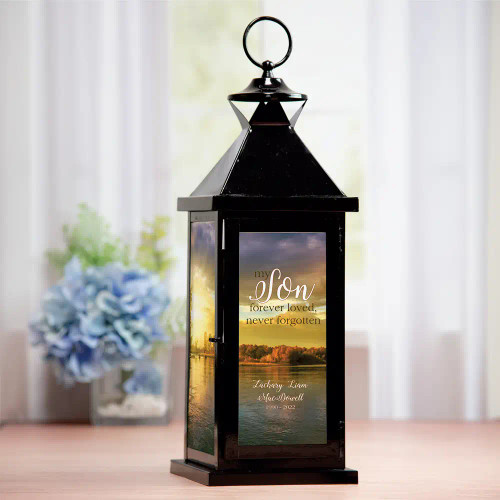 My Son memorial lantern is personalized with his name and dates