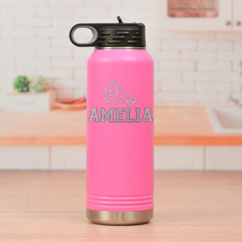 Personalized Cheerleading Water Bottle shown in pink