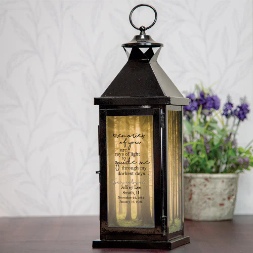 Darkest Days memorial lantern is personalized with loved one's name and dates