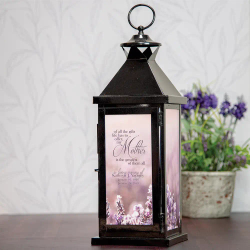 Greatest Gift memorial lantern for loss of mother is personalized with her name and dates