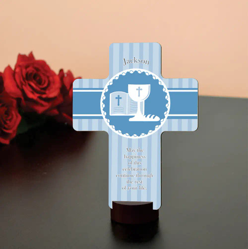 Communion happiness cross plaque is personalized with name