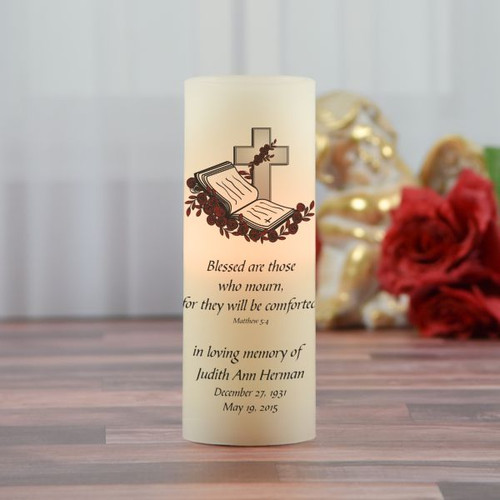 Memorial LED Candle with loved one's name and dates.
