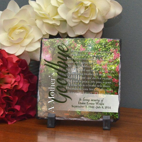 A mother's goodbye memorial plaque personalized with mom’s name & dates