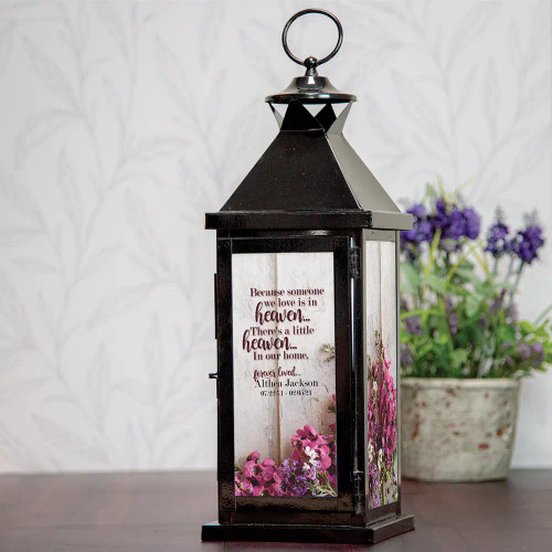 Heaven in our Home memorial lantern features loved one's name and dates