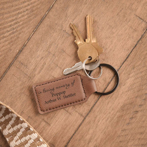 In Loving Memory Dark Brown Key Chain personalized with loved one's name and dates