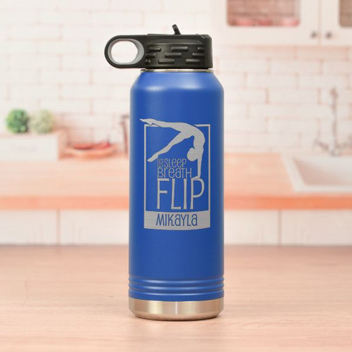 Flip Gymnastics Personalized Water Bottle  shown in blue