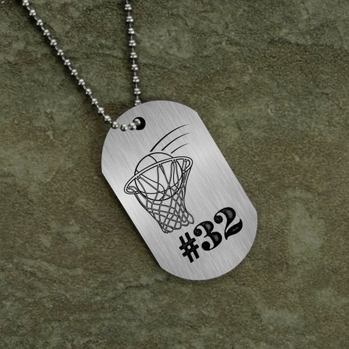 Stainless steel dog tag is personalized with a jersey number