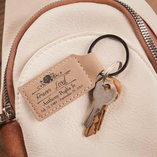 Forever Loved Light Brown Key Chain personalized with loved one's name and dates