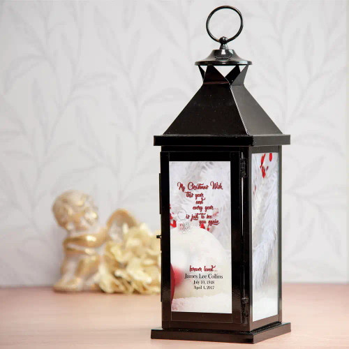 Christmas Wish memorial lantern is personalized with loved one's name and dates