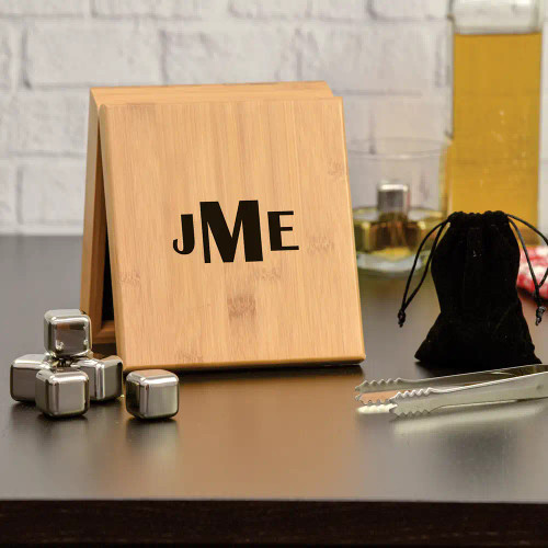 Monogram Whiskey Stones Gift set features recipients initials printed in black on the bamboo case