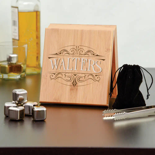 Personalized Whiskey Stone Gift set has recipient's last name printed on the front of the bamboo box