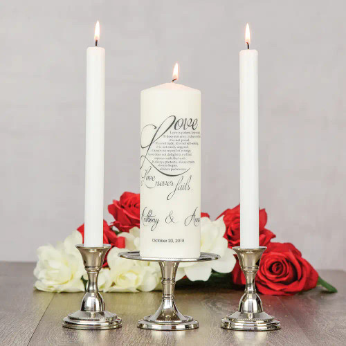 Unity candle is personalized with the couple's names & dates