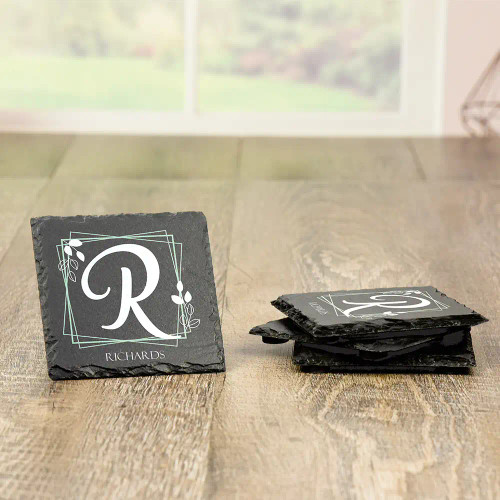 Personalized coaster have family initial and make a great housewarming gift