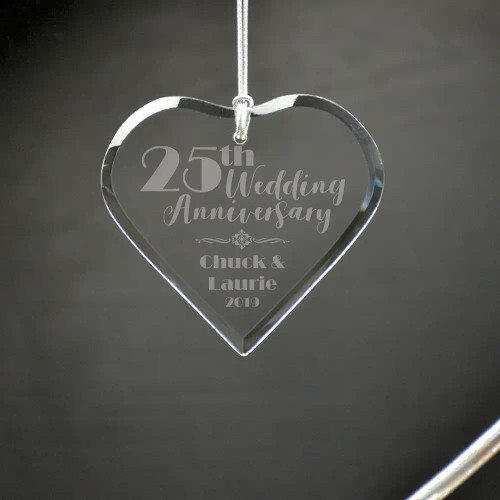 Remember an anniversary milestone with this personalized heart Christmas ornament.