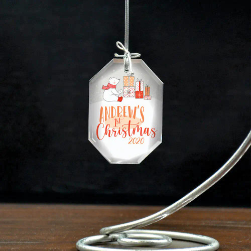 This first Christmas polar bear ornament is personalized with year and child's name. 