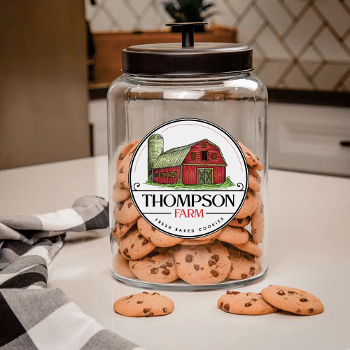 Personalized cookie jar has a farmhouse inspired design with family last name.