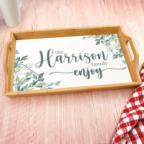 Personalized Bamboo Serving tray has family last name.