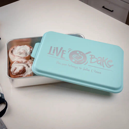 Live, Love, Bake Personalized Cake pan has her name on it.