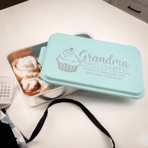 Personalized cake pan for grandma features a short message