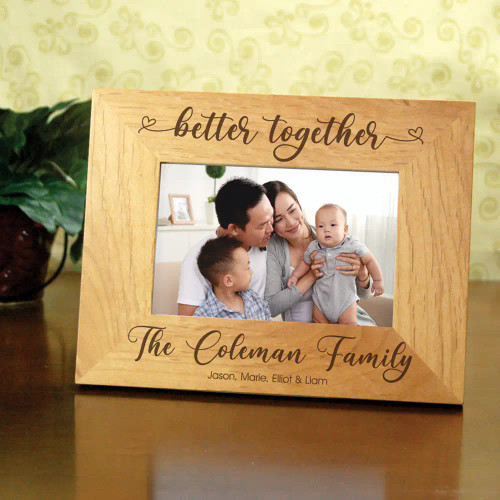 Personalized frame for family has family last name and members' first names engraved