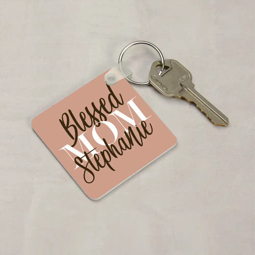 Blessed Mom with personalized name keychain on front 