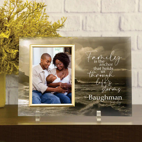 Personalized glass frame for family has family last name, fits a 4"x6" photo