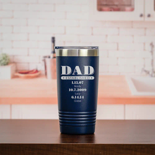 Personalized travel mug for dad in navy blue with kids names and birthdays