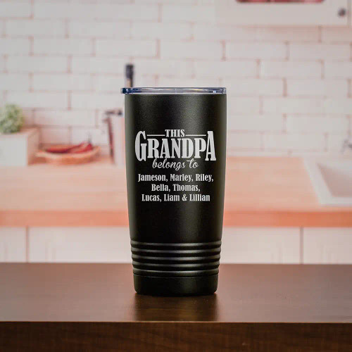 Personalized travel mug for grandpa  in navy blue or black features grandkids' names