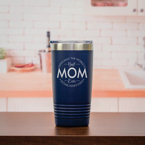 Personalized travel mug for Mom has the year she became a mom engraved on it.