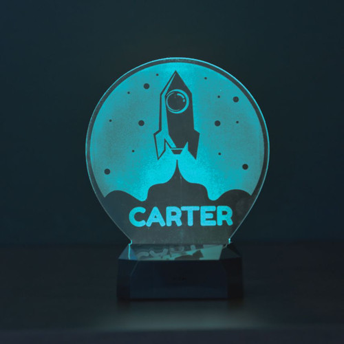 Personalized Lighted Rocket Ship Plaque in blue