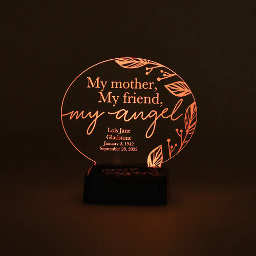 My Mother, My Angel Personalized Memorial LED Sign shown illuminated with orange light