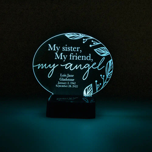 My Sister, My Angel Personalized Memorial LED Sign shown with glowing teal light