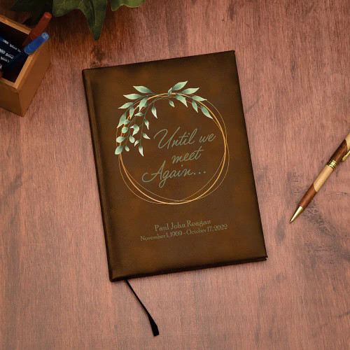 Until We Meet Again Personalized Memorial Journal shown in rustic brown.
