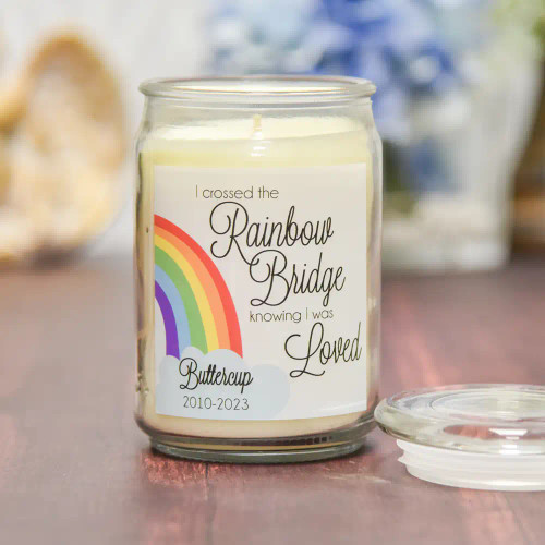Rainbow Bridge Pet Memorial Jar Candle in vanilla scent.