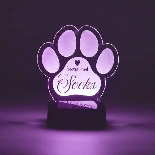 Personalized Pet memorial LED sign shown in purple light