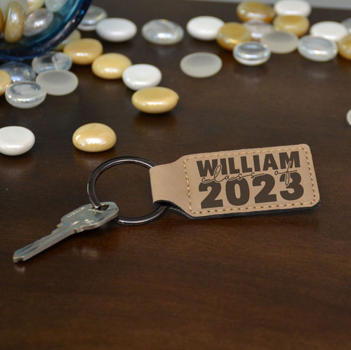'Class of' Personalized Graduation Keychain in light brown faux leather