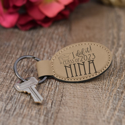 'I Did It!' Personalized Graduation Keychain in light brown