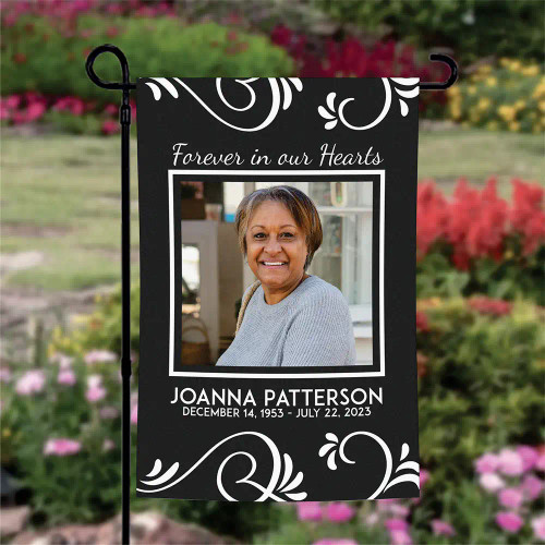 Personalized garden flag with loved one's picture, name and dates