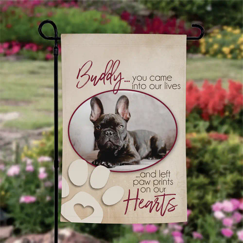 Paw Prints on our Heart Memorial garden flag has pet's name and picture