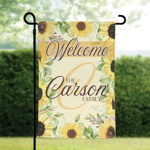 personalized welcome garden flag with family name and sunflower graphics