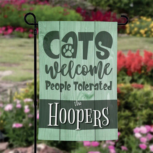 Cats welcome garden flag personalized with family’s name