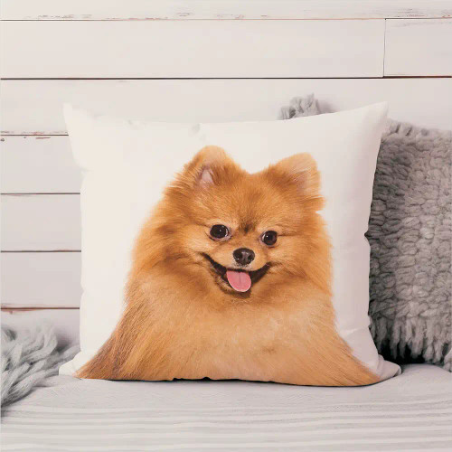 Throw pillow is personalized with a photo of your dog