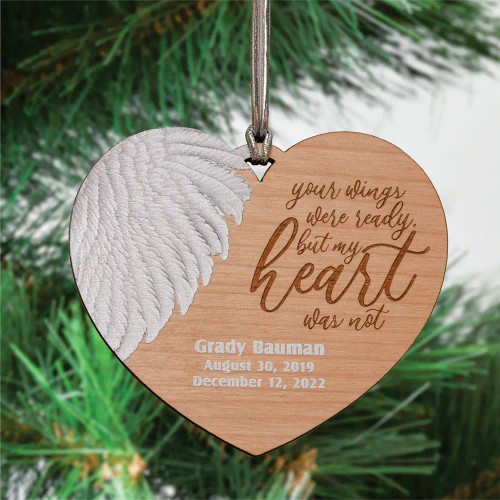 Wings Were Ready alder wood memory ornament is personalized with loved ones name and dates